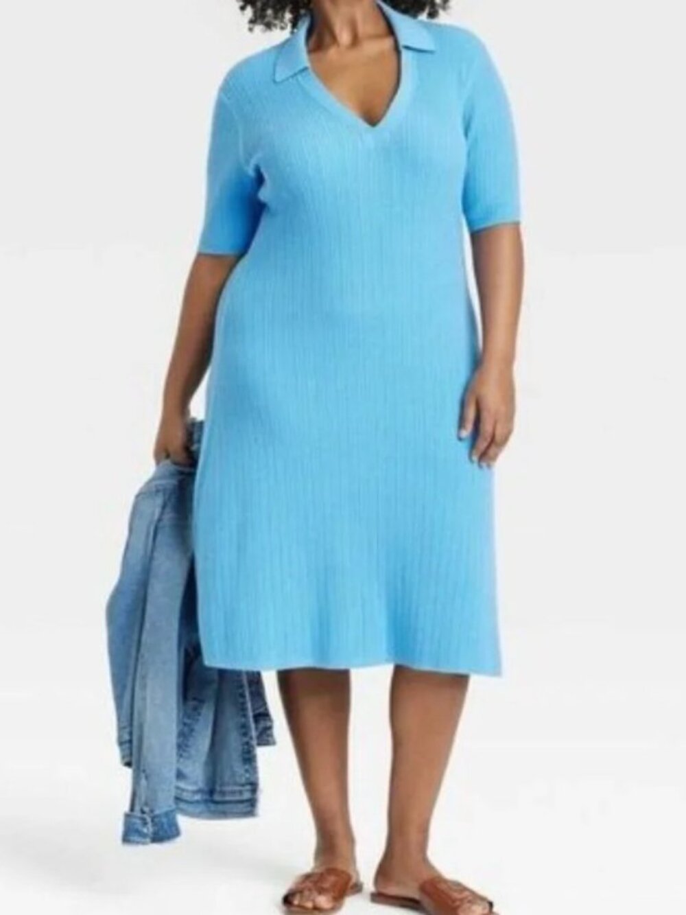 Ava & VIv Bright Blue Ribbed Sweater Polo Midi Dress NWT XXL 17